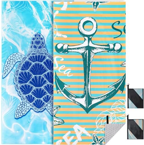 KUOGAS Toalla Playa XXL Juego de 2-90 X 180 cm, Toalla Grande de Microfibra de Secado RáPido, Toalla de BañO Sin Arena, Manta de Playa para Mujer (Tortuga+Ancla)