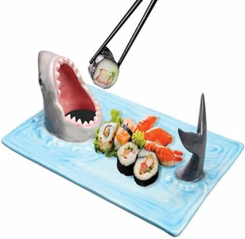 LKUOU Shark Sushi Plate,Shark Mouth Sushi Plate,Sushi Boat Serving Tray,Ceramic Rectangle Shark Sushi Plate,Shark Shape Sushi Trays with Soy Sauce Holder