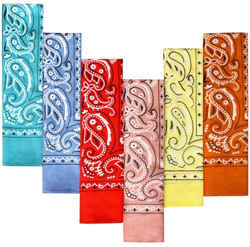 6 Pack Red Orange Yellow Blue Pink Teal Cotton Bandana for Women Men Gift Packaging - 55x55cm - Cowgirl Cowboy Motorbike Accessories Head Scarf Headband Neckerchief