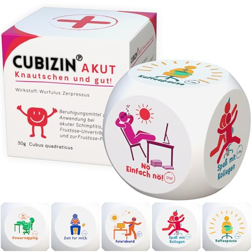 GLÜCKSGUT® Anti-Stress-Würfel | Cubizin | Lustiger Stresswürfel | 6 Motive, Geschenkbox & Anleitung | Spielzeug für Stressabbau, Kollegen & Büro Geschenk