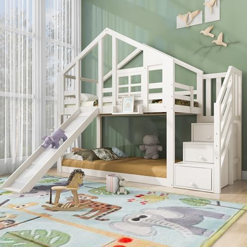 Dolamaní Letto a castello 90 x 200 cm, bianco con scivolo per 2 bambini, lettino con protezione anti-caduta, letto a soppalco con 2 reti a doghe, letto a castello (con scala)