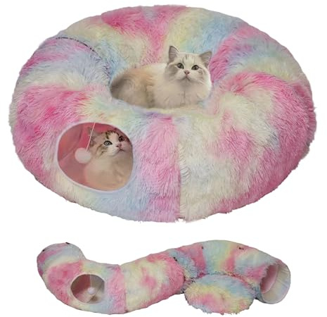 Katzentunnelbett für Indoor-Katzen mit waschbarem Kissen, Katzenhöhle, Donut-Tunnel mit flauschigem Ball, großes rundes Rohr, Haustier-Spielplatz, Spielzeug, weicher Plüsch, Peekaboo für Kätzchen,