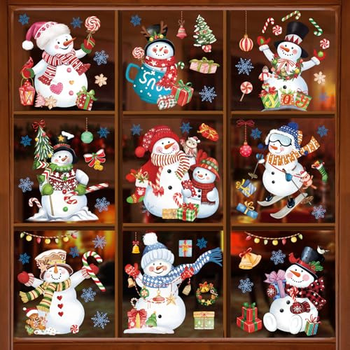 wondever Fensterbilder Weihnachten Schneemann Bunt Fenster Weihnachtsdeko | Wiederverwendbar, Doppelseitig Statisch PVC Fensterdeko, Fensterfolie weihnachten selbstklebend für Winter Innen Dekoration