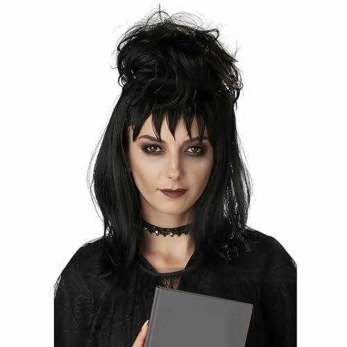 PORSMEER Black Gothic Bride Wig for Lydia,Long Cosplay Wig With Hair Bun for Women Halloween Party California Fancy dress