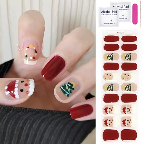 20 Stück Weihnachts UV Gel Nagelfolie selbstklebend - Halb Ausgehärtet Nagelsticker mit Weihnachtskranz, Weihnachtsbaum ＆ Weihnachtsmann für Fingernägel zum Aufkleben, Nail Art Sticker (Bordeauxrot)
