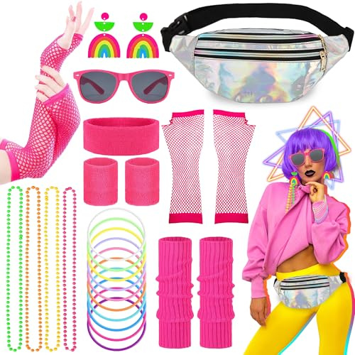 Chennyfun 25 Pcs Disfraz Años 80 90 para Mujer, Accesorios Mujer de Ropa con Riñonera, Pulsera, Diadema, Guantes, Gafas, Calcetines, Pendientes y Collares, Neón Disfraz para Carnaval Fiestas Halloween