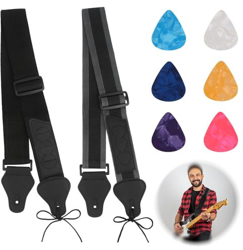 AYSYR 2 Stück Gitarrengurt Verstellbare,Guitar Strap mit Leder Ende 6 Plektrumhaltern für E-Gitarre,Gitarren Zubehör Atmungsaktiv,Gitarrengurt E-Gitarre für Schulen, Musikvereine