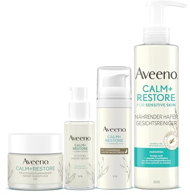 Aveeno Calm+Restore Hautpflege-Set für Empfindliche Haut | Beruhigende Tagespflege, Serum, Nachtcreme und Gesichtsreiniger mit Hafer und Mutterkraut für gestärkte Feuchtigkeitsbarriere