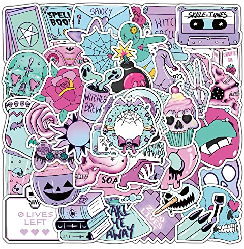 50Pcs Gothic Stickers Colorful Graffiti Goth Stickers Aesthetic Skull Stickers for Teens Adults Kindle Stickers Waterproof Vinyl Personalized Stickers for Water Bottles Phone Laptop Suitcase Luggage