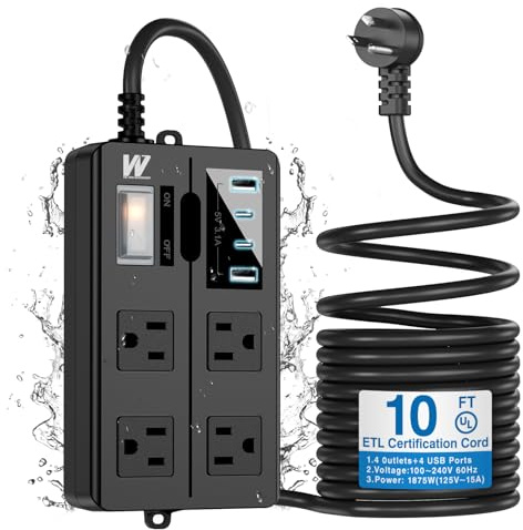 VNJ - Utomhusuttag med 4 AC-uttag + 4 USB-portar, IPX6 vattentätt överspänningsskydd, säkerhetslåsdesign och ETL-certifierade sladdar, nätsladd
