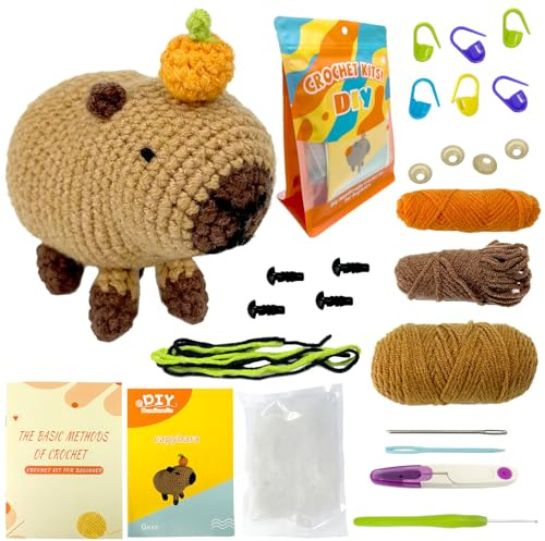 Juvanovo Capybara Häkelset für Anfänger, Capybara Stricken für Anfänger Set, Capybara Crochet set, Capybara Strickset mit Anleitung Stricken, DIY-Handarbeiten für Kinder Erwachsene (Braun)