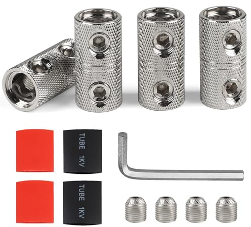 EXLECO 4x Stoßverbinder 50mm² mit 4 Schrumpfverbinder 0AWG Kabel Verbindung | Quetschverbinder KFZ Audio Batterie Kabelverbinder, Messing Stossverbinder, Kabelverschraubung Erdungskabel Verbinder