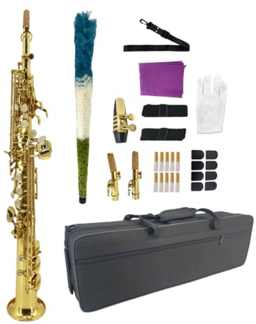 WUQIMUSC Bb Straight Soprano Saxophone–Gold Lacquer Finish, Ergonomic Design with Case, Mouthpiece, Neck Strap & Accessories, Ideal for Beginners & Advanced Players（Golden）