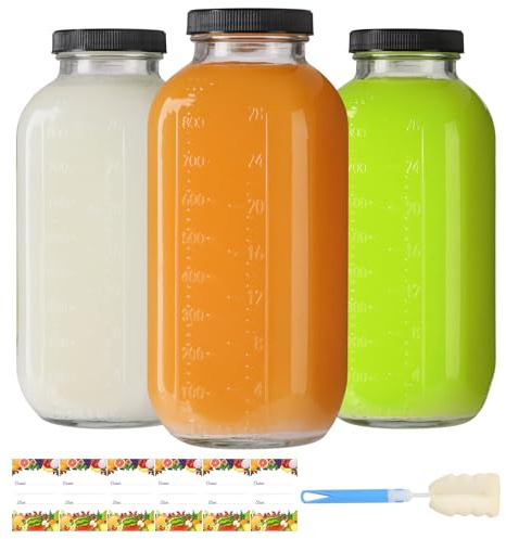 EkkoVla 3 Pack 1000ml Glass Milk Bottles with Airtight Lids | Reusable Bottles with Scale – for Juices, Smoothies, Beverages, Pantry Organising & DIY Decor