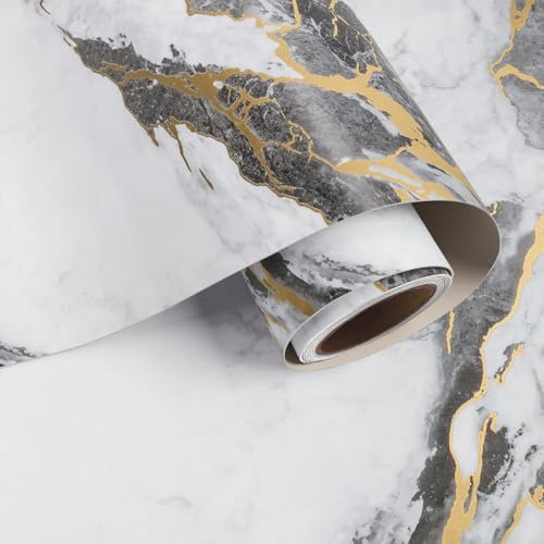 VaryPaper Matte White Gold Marble Effect Self Adhesive Vinyl Wallpaper 40cmx200cm Marble Sticky Back Plastic White Vinyl Wrap for Kitchen Worktop Cupboards Adhesive Shelf Liner Tabletop Furniture Wrap