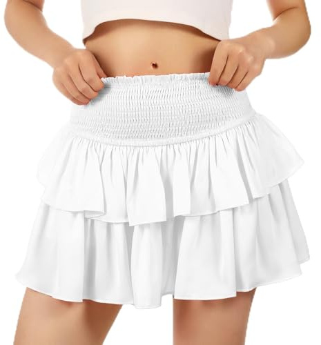 Waist Wow Damen Minirock mit Kurzer Hose - Hohe Taille Sexy Rock mit Rüschen, Lässiger Satin Rock für Sport Party Strand, Reines Weiß, S