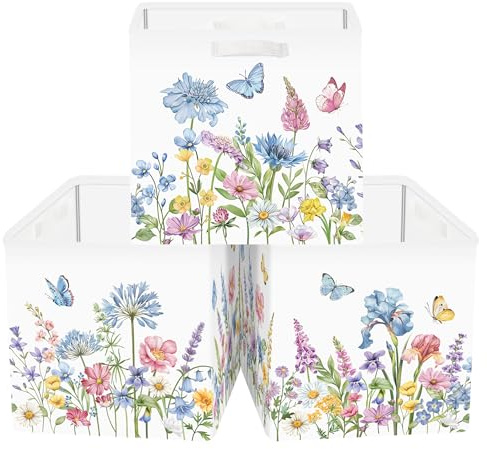 Clastyle 3 pcs Flowers Cube Storage Boxes for Shelves Kallax Boxes | Foldable Storage Baskets for Book Clothes Toy, Sturdy Organisers, Hold Up to 25kg, 11.8x11.8x11.8 in