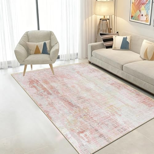 WUTONG Rosa Teppich 80x120 cm Altrosa, Vintage Kurzflor Bettvorleger,Waschbare Teppich für Schlafzimmer,Kinderzimmer Mädchen,Rutschfester Küchenläufer Abstrakt