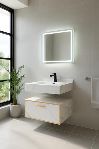 WITIT ARREDO BAGNO SET COMPLETO MOBILE BAGNO SOSPESO IN LEGNO BC011 DA 70 CM BIANCO ORO CON 1 CASSETTO LAVABO BIANCO STRIATO IN CERAMICA E SPECCHIERA LED VETRO RISCALDABILE