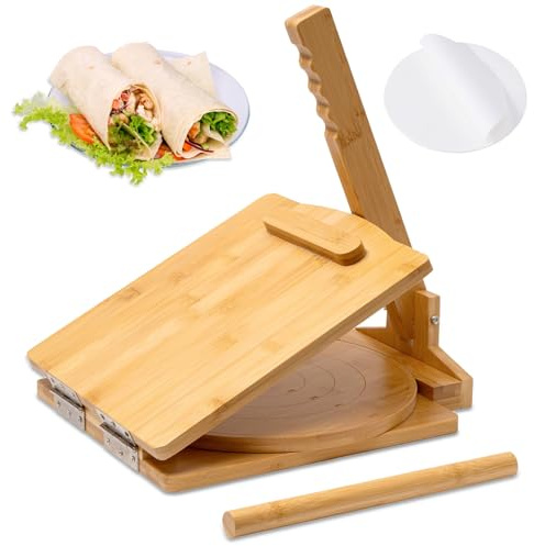 10 Inch Mexican Tortillera Presser, Wooden Tortilla Press, with Rolling Pin & 50 Pcs Parchment Paper for Homemade Tortillera, Taco, Roti, Burritos(Made from Food-grade Acacia Wood)