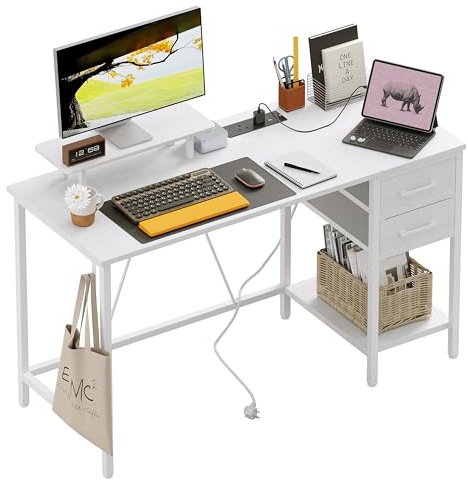 Xyphren 100cm Computer Desk with Drawers & Power Outlets, Office Desk with Storage Monitor Stand, Reversible Small Desks for Home Office Bedroom, White