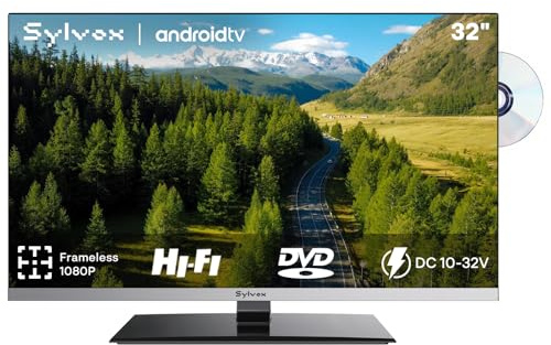 SYLVOX 32 Smart TV with DVD Player, Frameless 1080P Small TV for Caravans | Supports Satellite Decoder, Google Play, DC/AC Power, HiFi Sound, Seismic Design, Android 12V TV for Home, Motorhomes, Trucks