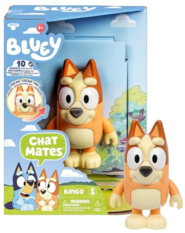 Bluey Chat Mates Bingo; presiona la Nariz de Bingo para Escuchar 10 de Sus Frases de la Serie; la Figura Tiene una Altura de 14 cm y los Brazos y piernas articulados