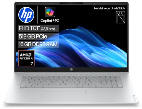 HP OmniBook 3 Laptop, 17,3 FHD, AMD Ryzen AI 7, 16GB RAM, 512GB SSD | Copilot+ KI-Notebook mit großem Display für produktives Multitasking, Office und Streaming - ohne Ladegerät, QWERTZ, Silber