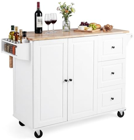 COSTWAY Isla de Cocina con Ruedas y Encimera Extensible, Carrito de Cocina con 3 Cajones, Armario de Almacenamiento, Estantes Ajustables, Encimera de Madera de Caucho, Mueble Auxiliar para Comedor