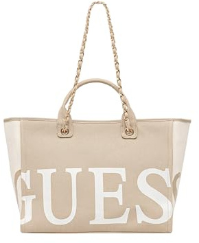 GUESS Strandtasche für Damen aus Stoff mit Logo, Beige, 50 x 31 x 18 cm, mit Griffen und Kettengurt, Reißverschluss
