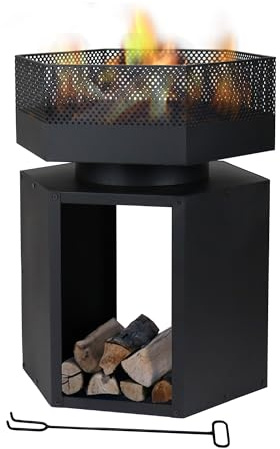 IlGruppone Braciere da Esterno a Legna in Ferro Verniciato a Polvere, Fire Pit da Giardino con Porta Legna e Struttura Rialzata, Resistente alla Ruggine, Design Moderno 59,5 cm