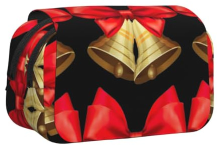 Tryckt kanvas pennhållare, Julklockor, One Size | Musselskal med dragkedja organiserare med nätdelare, lätt fodral för pennor, markörer, kontorsmaterial