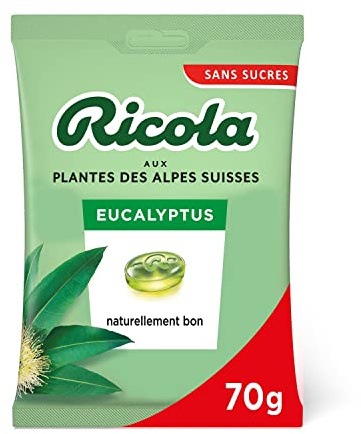 Ricola - Bonbons aux Plantes Suisses - Parfum Eucalyptus - Rafraîchissant - Sans Sucres - Vert, Sachet de 70 g (Lot de 1)