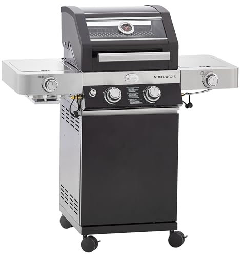 RÖSLE Gasgrill BBQ-Station VIDERO G2-S Schwarz, Grill mit 2 Edelstahlbrennern, extra Primezone und Seitenbrenner, klappbare Seitentische, VARIO+, pulverbeschichteter Stahl