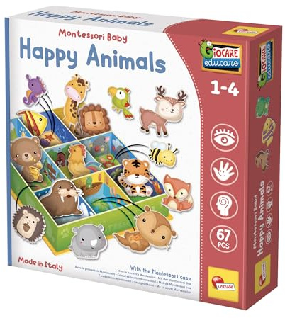 Lisciani – MONTESSORI BABY– Happy Animals - Tierbox in 3D - Formenlernen von Tieren für Kinder von 1 bis 4 Jahren - Pädagogisches Klassifikationsspiel - 67 Teile - Hergestellt in Italien