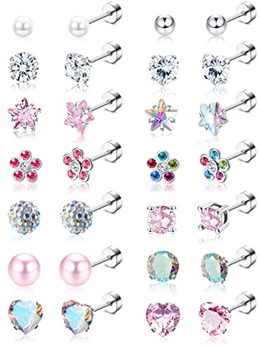 JeweBella 14 par små örhängen med knoppar set för kvinnor, flickor, allergivänliga, 316L kirurgiskt stål, örhängen för barn, söt blomma, pärla, hjärta, zirkonia-örhängen tragus brosk piercing,