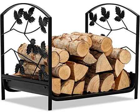 GYMAX Support de Bûches de Bois de Chauffage, pour Intérieur & Extérieur, Support de Bûches en Fer Décoratif avec Motifs de Feuilles Exquis, Support de Stockage de Bois de Cheminée,Noir.