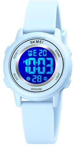 findtime Montre de sport numérique pour femme - Étanche jusqu'à 50 m - Montre numérique pour sports de plein air avec grand cadran à rétroéclairage LED, bleu, Sangle