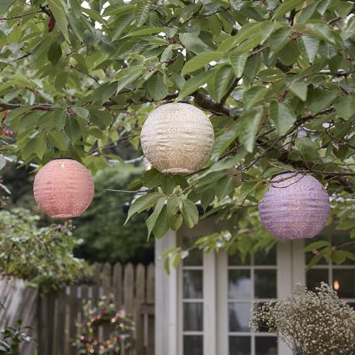Lights4fun 3er-Set Solarlampions Tyvek | Solarbetriebene LEDs | Marokkanische Orientalische Laternen | Deko für Außen Outdoor Gartenbeleuchtung | Solarlaternen Solarleuchte | ø 20 cm | Pastellfarben