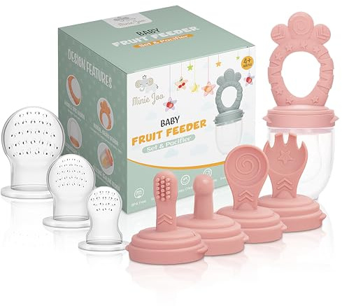 Minie Joo Baby Fruit Feeder Set – BPA-Free Silicone Fresh Food Feeder with 3 Replacement Teats, Teething Feeder for Fruits & Purees, Safe Self-Feeding for Babies 4+ Months