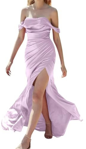 Vestidos de dama de honor de sirena para mujer, vestido largo de dama de honor de satén con abertura lateral y hombros descubiertos para boda, Lila, 36