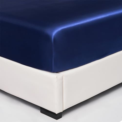 Wotcsil Satin Spannbettlaken 160x200cm Blau für Matratze Boxspringbett Topper bis 30 cm Satin Seide Spannbetttuch Bettlaken Elastisch Deluxe Unifarben Spannbetttuch Polyester-Satin