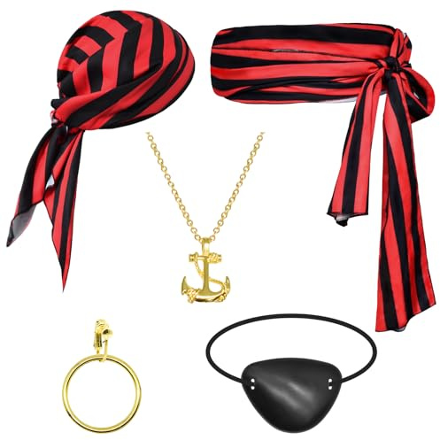 Piratenkostüm-Zubehör-Set für Damen und Herren, Piraten-Gürtel und Piraten-Kopftuch, Bandanas für Halloween (rot schwarz gestreift)