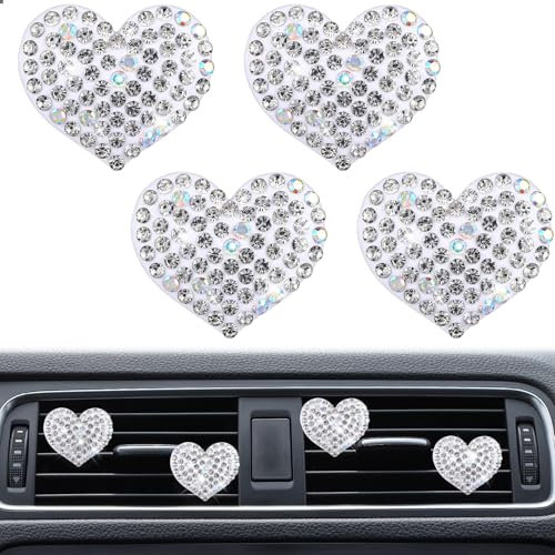 Dimeho 4 Pcs Bling Heart Air Vent Clips Sparkly Rhinestone Car Freshener Buckle Cute Crystal Air Conditioner Bedazzled Decoration Accessories for Women Girls