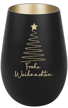 Der-Porzellan-Laden Windlicht mit Gravur Frohe Weihnachten Baum schlicht | Schwarz Gold, Teelichthalter Weihnachten aus Glas, Weihnachtsdeko Tischdeko
