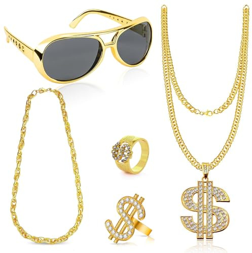 Herbst 80er Jahre Fasching Accessoires Goldkette Kostüm, 5 Stück Dollar Kette Gold Goldkette Herren Fasching Karneval Kostüm Ringe Sonnenbrille Goldkette Set Rap Hip Hop Accessories