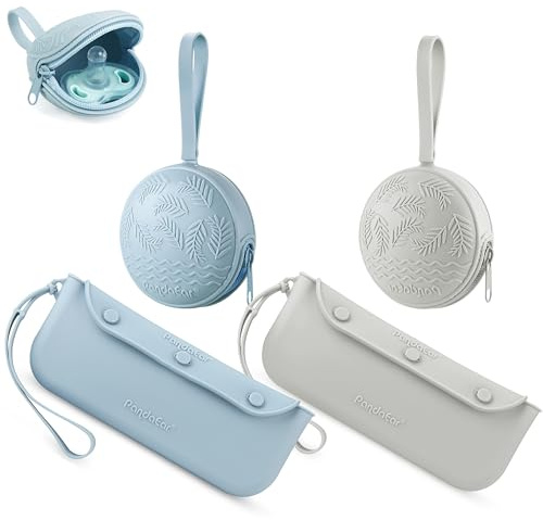 PandaEar 4 Pack Pacifier Holder Case Set, 2 Pack Silicone Portable Travel Pacifier Pouch & 2 Pack Silicone Baby Cutlery Holder Bags, BPA Free, Universal Accessories Holders (Light Blue,Grey)