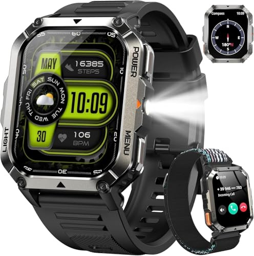 IOWODO Smartwatch Herren 2025 | 2,01 Display & 100 Tage Akku | LED-Taschenlampe & Kompass | Bluetooth 5.3 Anrufe | 100+ Sportmodi | IP68 & MIL-STD-810H | 24/7 Gesundheitsmonitor