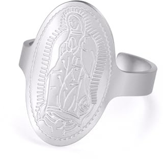 Bague en acier inoxydable gravée de la Vierge Marie – Notre Dame des Miracles Bijoux Rare Catholique pour Femme & Homme, Bande à motif Foi, Ajustement Confortable Réglable, Idéal pour Noël et au