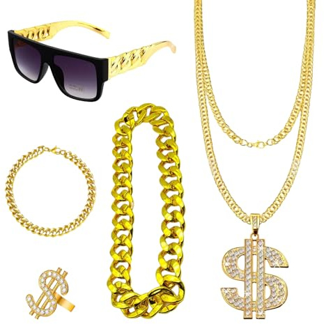 GWAWG 5 pezzi costumehip hop, anni '80/90, accessori per travestimento per donne, uomini e bambini, braccialetto a catena in oro finto, collana con simbolo del dollaro